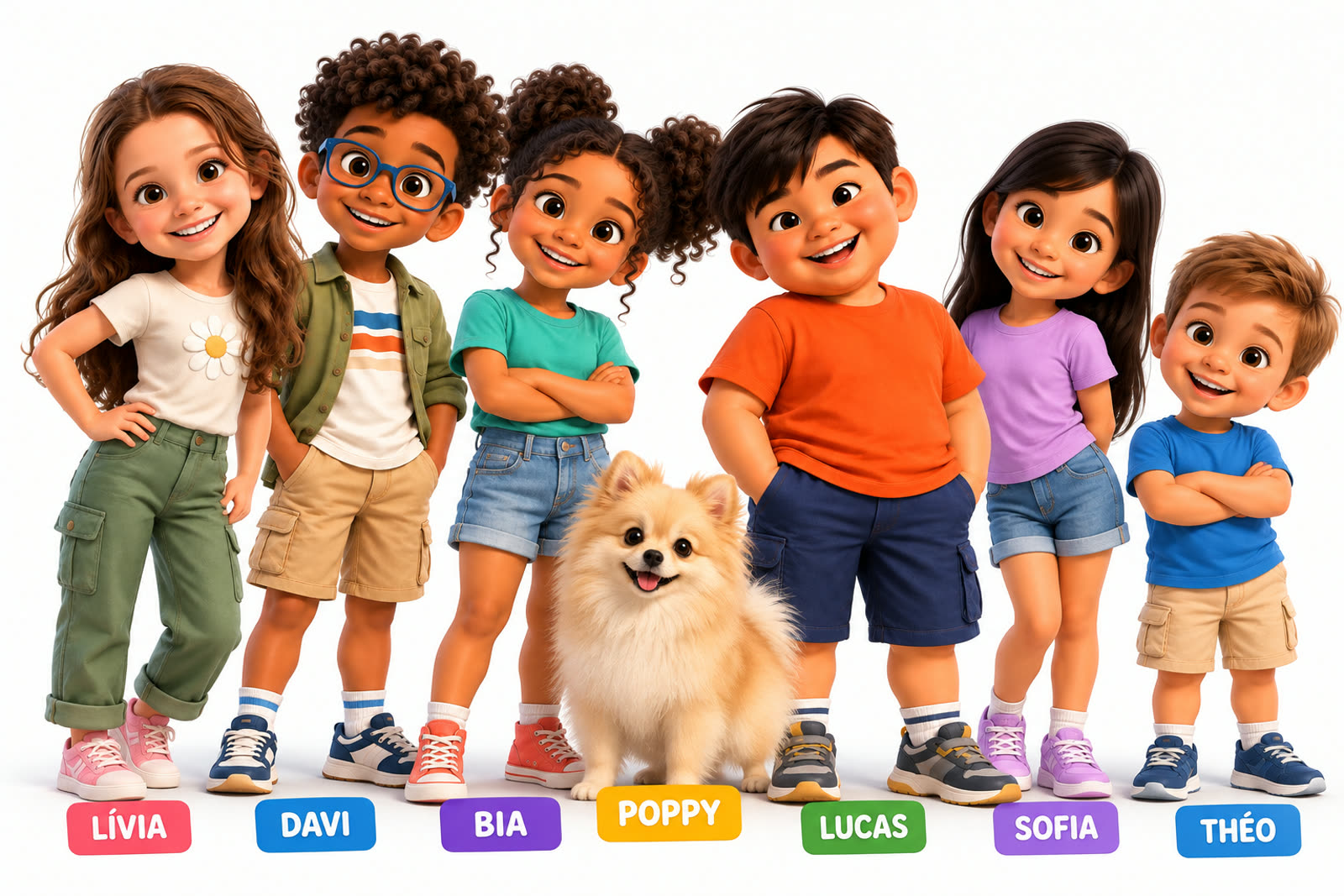 Lívia, Davi, Bia, a cachorrinha Poppy, Lucas, Sofia e Théo lado a lado, cada um com seu nome.