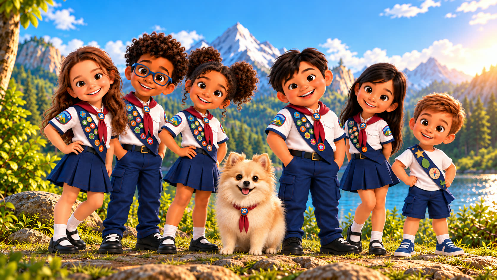 Lívia, Davi, Bia, Poppy, Lucas, Sofia e Théo à beira de um lago, com montanhas ao fundo.