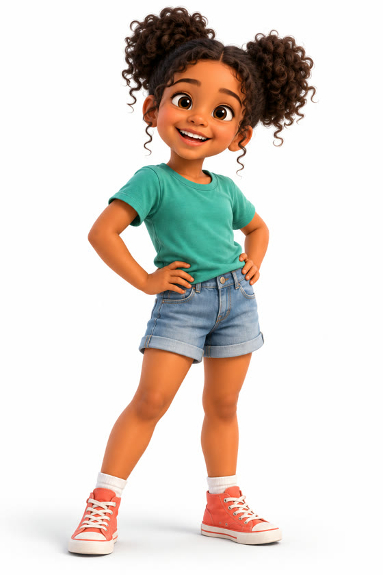 Bia, menina de cabelo cacheado preso em dois coques, camiseta verde e short jeans.