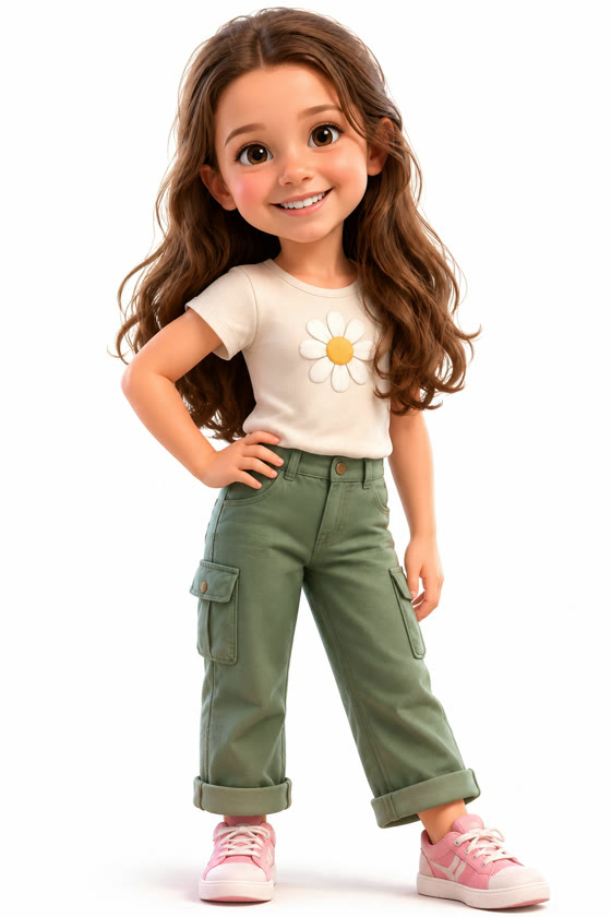 Lívia, menina de cabelo castanho comprido, camiseta clara com uma flor e calça verde.
