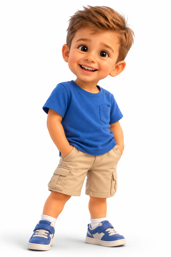 Théo, menino pequeno de cabelo castanho, camiseta azul e bermuda bege.